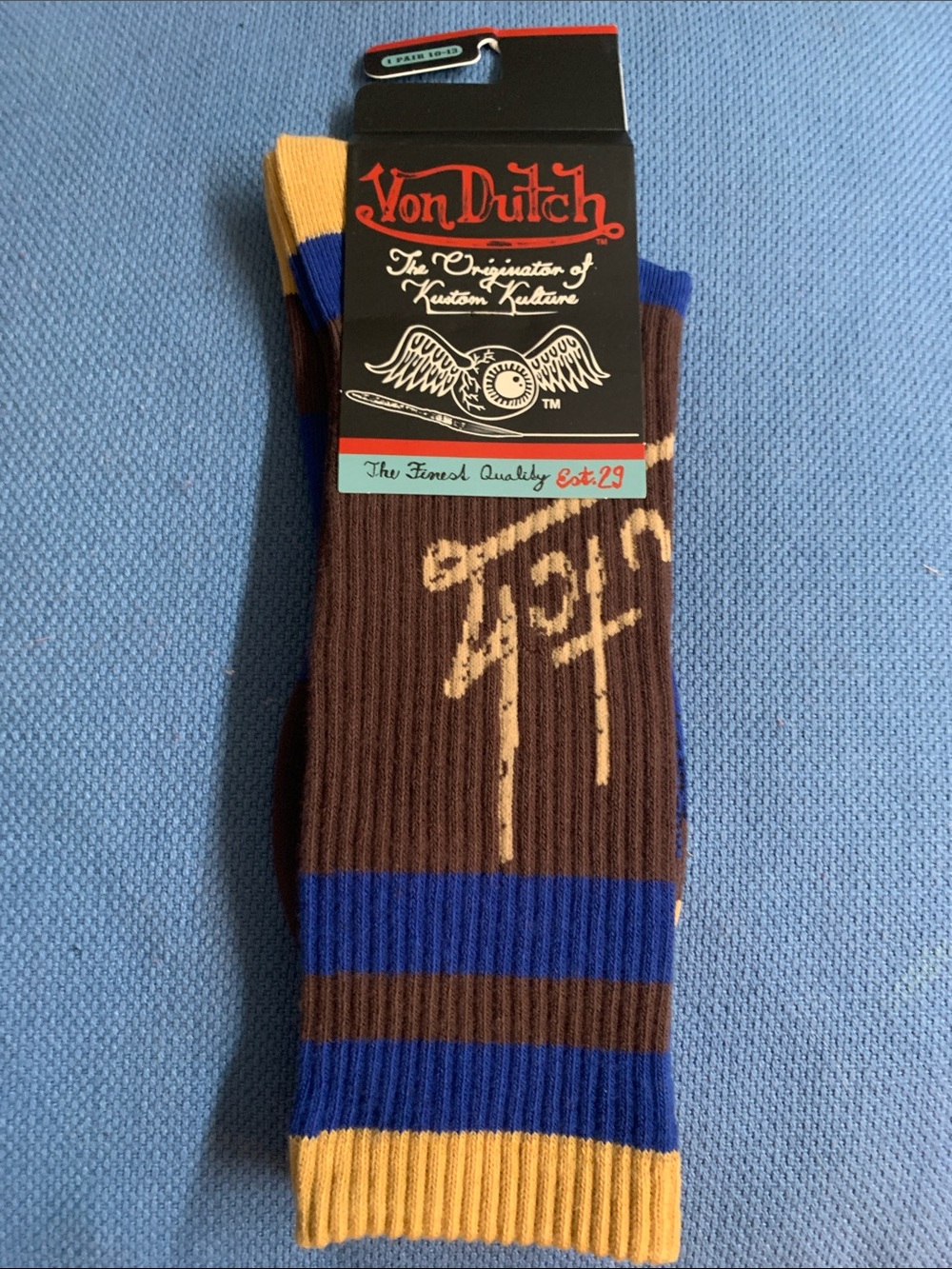 Von Dutch Brown, Blue & Yellow Striped Crew Socks